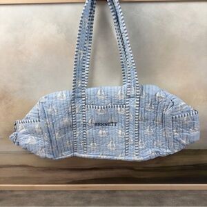 Mark & Graham Block Print Quilted Overnighter Bag Blue Sailboat Mono “Bennett”